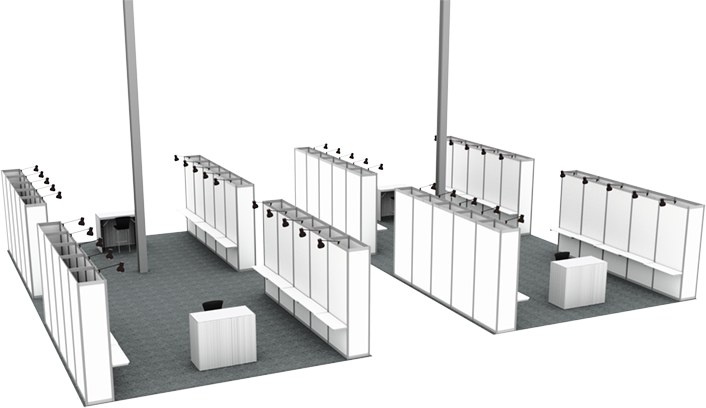 A rendering of the Pattern Designer Pavilion showing facing runs of pegboard display panels