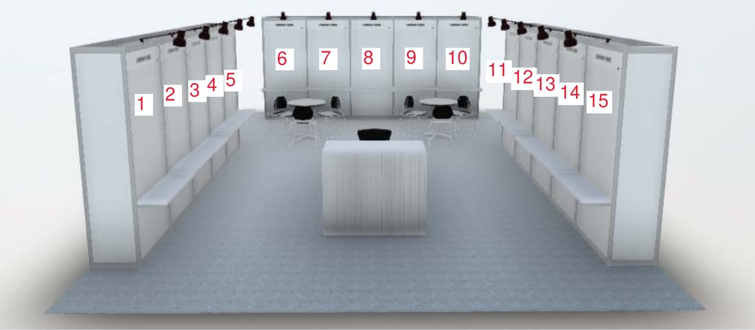 The same pavilion rendering with each of the fifteen display panels numbered